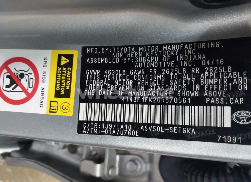 Photo 9 of 2016 Toyota Camry XLE (VIN 4T4BF1FK2GR570561)