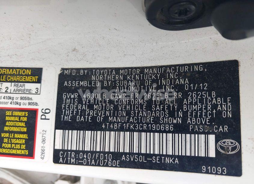 Photo 9 of 2012 Toyota Camry LE (VIN 4T4BF1FK3CR190686)