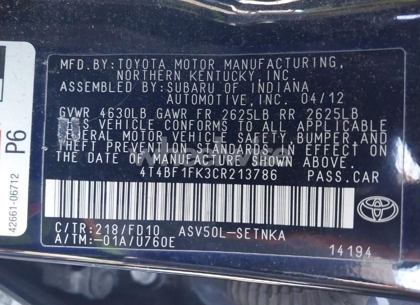 Photo 9 of 2012 Toyota Camry LE (VIN 4T4BF1FK3CR213786)