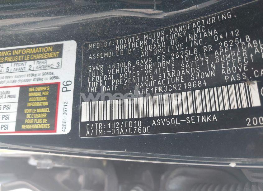 Photo 9 of 2012 Toyota Camry LE (VIN 4T4BF1FK3CR219684)