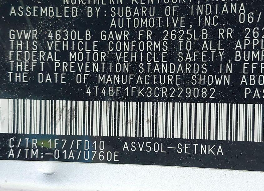 Photo 9 of 2012 Toyota Camry LE (VIN 4T4BF1FK3CR229082)