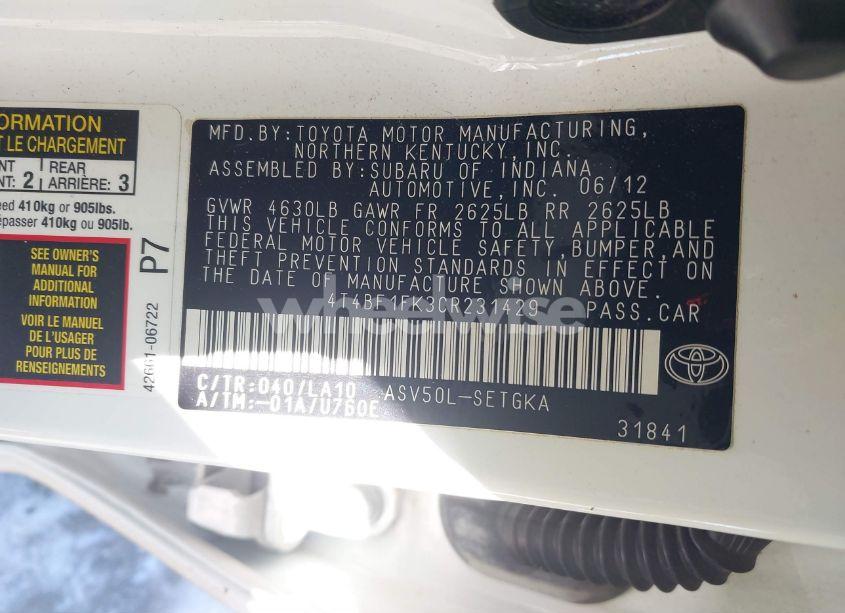 Photo 9 of 2012 Toyota Camry XLE (VIN 4T4BF1FK3CR231429)