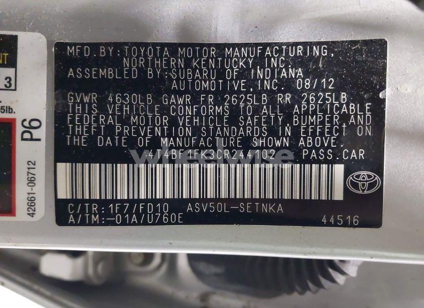 Photo 9 of 2012 Toyota Camry LE (VIN 4T4BF1FK3CR244102)