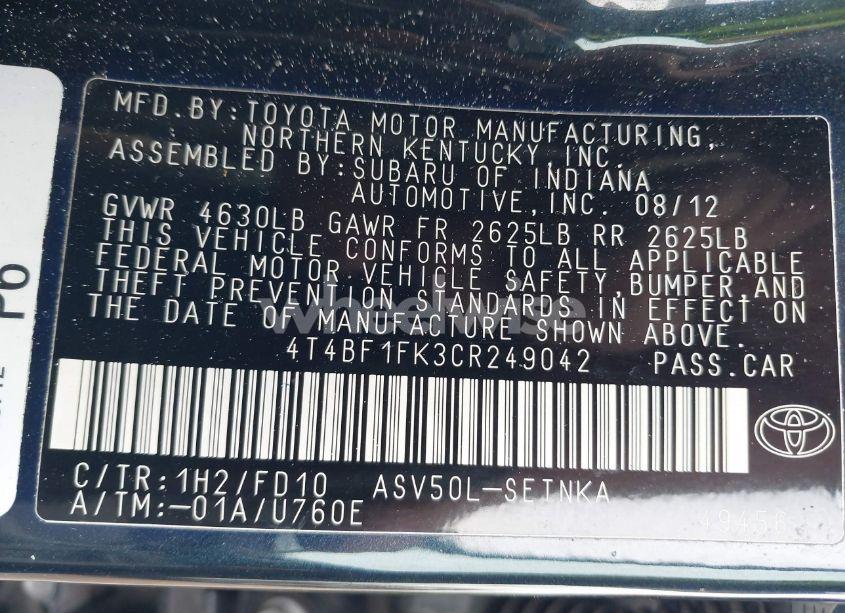 Photo 9 of 2012 Toyota Camry LE (VIN 4T4BF1FK3CR249042)