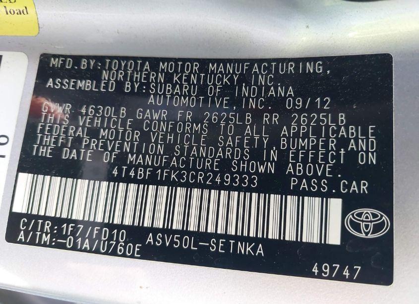 Photo 9 of 2012 Toyota Camry LE (VIN 4T4BF1FK3CR249333)