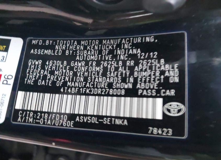 Photo 9 of 2013 Toyota Camry LE (VIN 4T4BF1FK3DR278008)