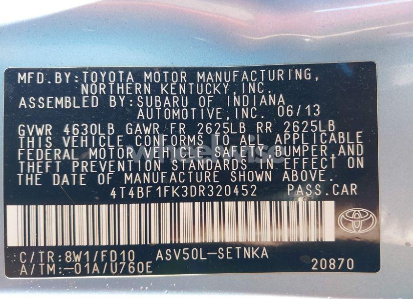 Photo 9 of 2013 Toyota Camry LE (VIN 4T4BF1FK3DR320452)