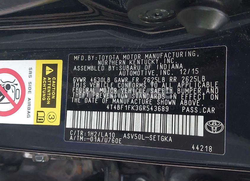 Photo 9 of 2016 Toyota Camry XLE (VIN 4T4BF1FK3GR543689)