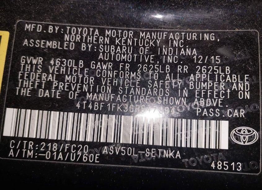 Photo 9 of 2016 Toyota Camry LE (VIN 4T4BF1FK3GR547984)