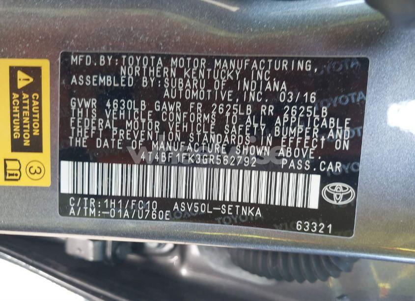 Photo 9 of 2016 Toyota Camry LE (VIN 4T4BF1FK3GR562792)