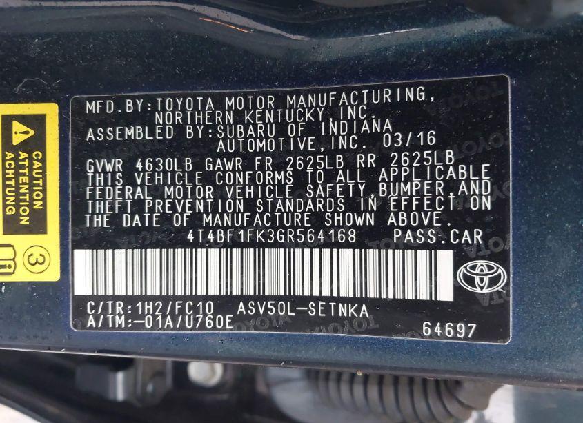 Photo 9 of 2016 Toyota Camry LE (VIN 4T4BF1FK3GR564168)