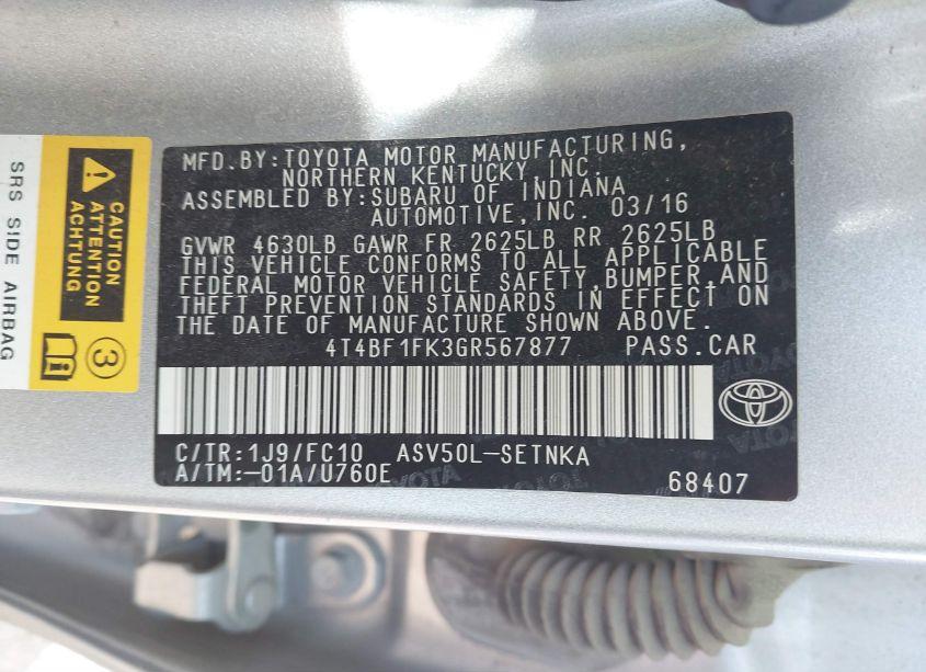 Photo 9 of 2016 Toyota Camry LE (VIN 4T4BF1FK3GR567877)