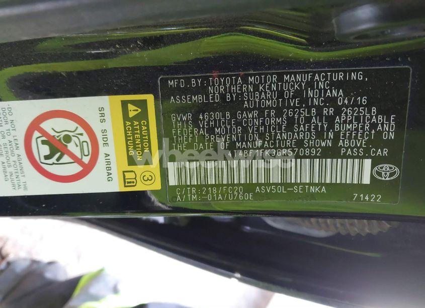 Photo 9 of 2016 Toyota Camry LE (VIN 4T4BF1FK3GR570892)