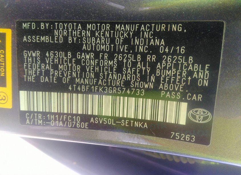 Photo 9 of 2016 Toyota Camry LE (VIN 4T4BF1FK3GR574733)