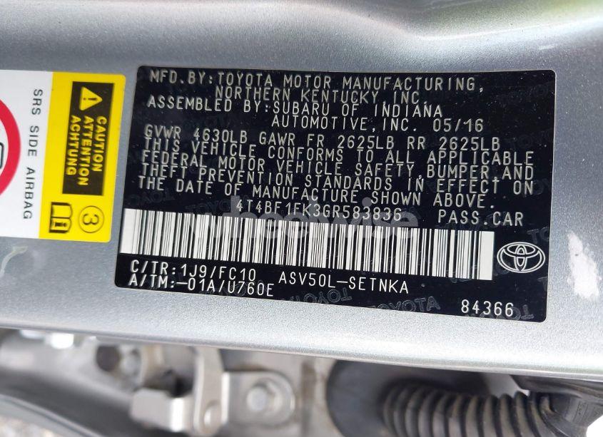 Photo 9 of 2016 Toyota Camry LE/SE/XLE/XSE (VIN 4T4BF1FK3GR583836)