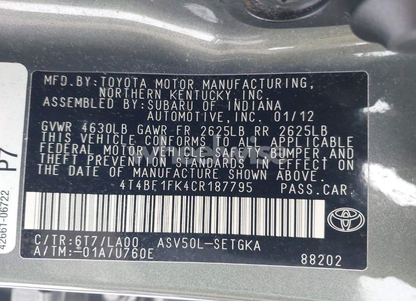 Photo 9 of 2012 Toyota Camry XLE (VIN 4T4BF1FK4CR187795)