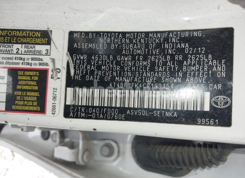 Photo 9 of 2012 Toyota Camry LE (VIN 4T4BF1FK4CR199154)