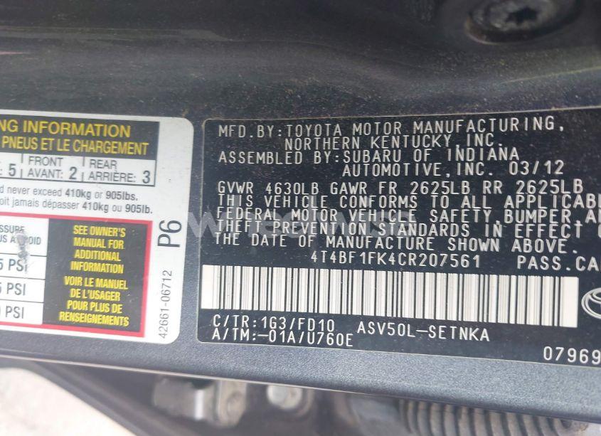 Photo 9 of 2012 Toyota Camry LE (VIN 4T4BF1FK4CR207561)