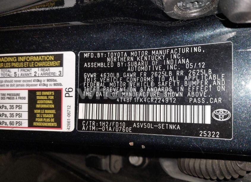 Photo 9 of 2012 Toyota Camry LE (VIN 4T4BF1FK4CR224912)