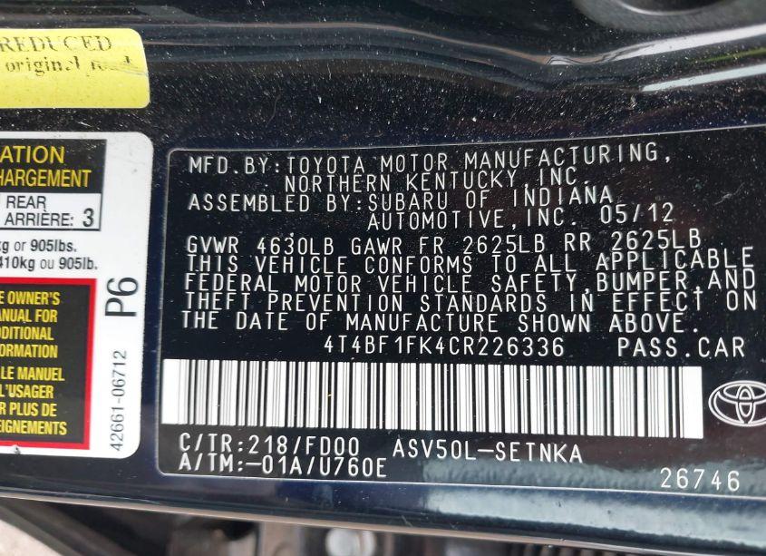 Photo 9 of 2012 Toyota Camry LE (VIN 4T4BF1FK4CR226336)