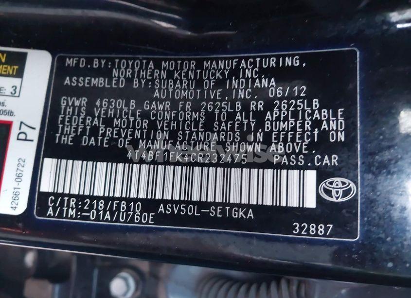 Photo 9 of 2012 Toyota Camry XLE (VIN 4T4BF1FK4CR232475)