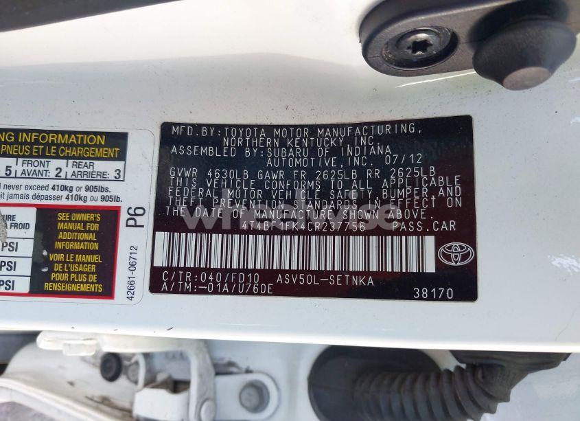 Photo 9 of 2012 Toyota Camry LE (VIN 4T4BF1FK4CR237756)