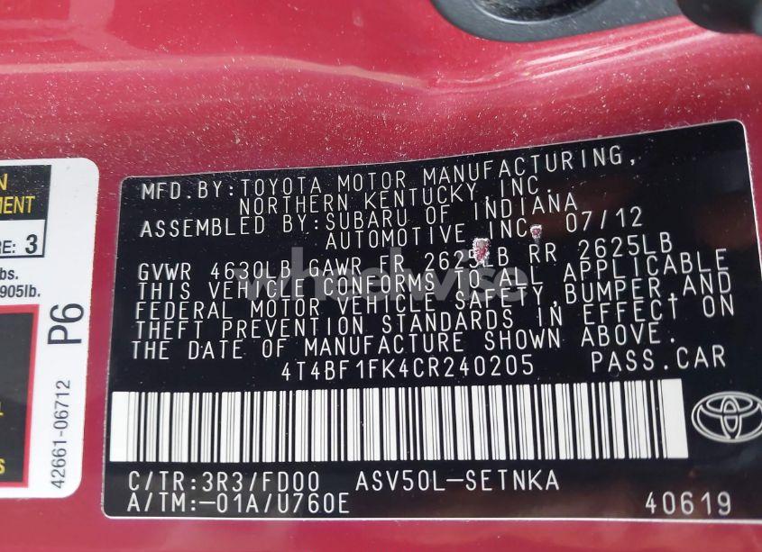 Photo 9 of 2012 Toyota Camry LE (VIN 4T4BF1FK4CR240205)