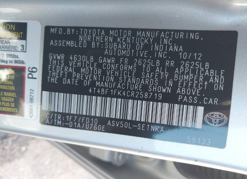 Photo 9 of 2012 Toyota Camry LE (VIN 4T4BF1FK4CR258719)