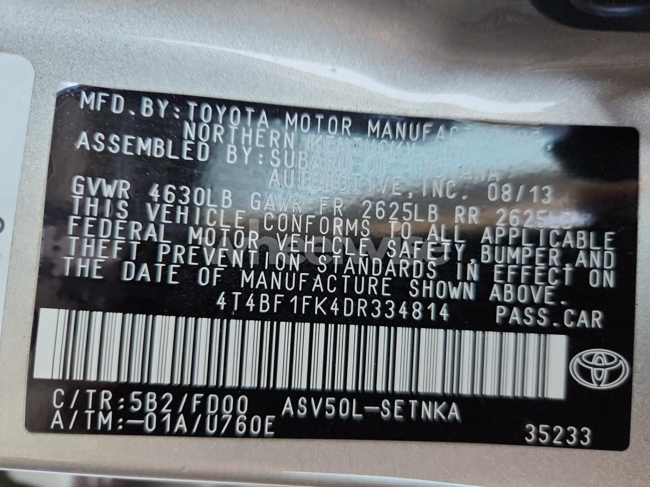 Photo 12 of 2013 TOYOTA CAMRY L (VIN 4T4BF1FK4DR334814)