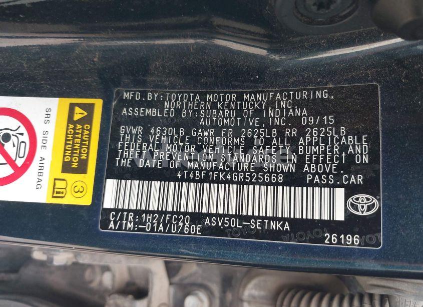 Photo 9 of 2016 Toyota Camry LE (VIN 4T4BF1FK4GR525668)