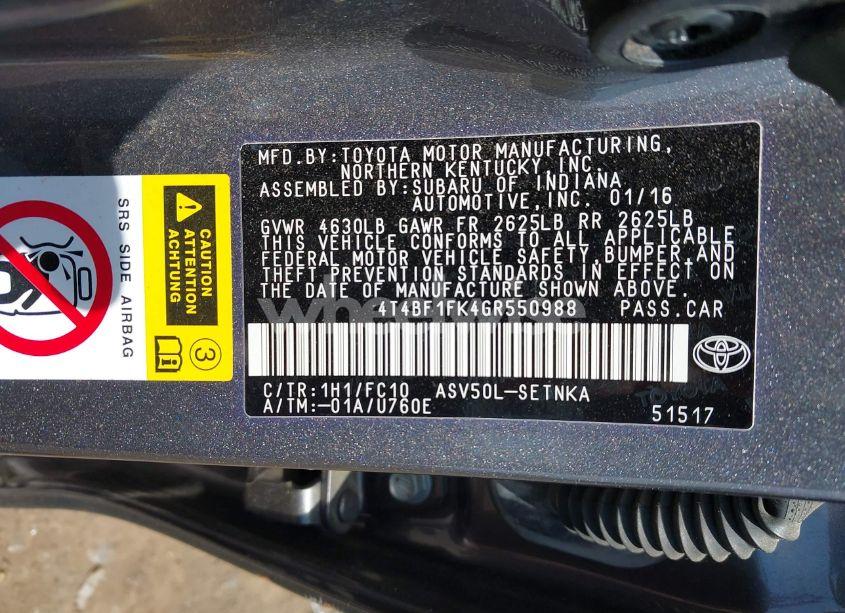 Photo 9 of 2016 Toyota Camry LE (VIN 4T4BF1FK4GR550988)