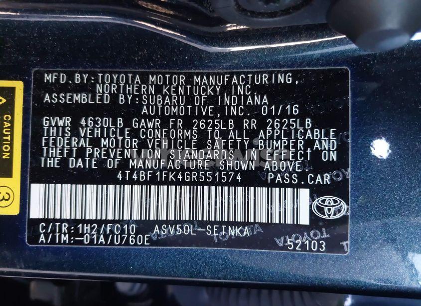 Photo 9 of 2016 Toyota Camry LE (VIN 4T4BF1FK4GR551574)