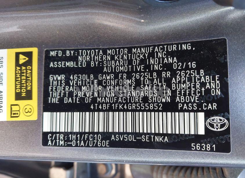 Photo 9 of 2016 Toyota Camry LE (VIN 4T4BF1FK4GR555852)