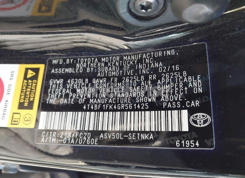 Photo 9 of 2016 Toyota Camry LE (VIN 4T4BF1FK4GR561425)