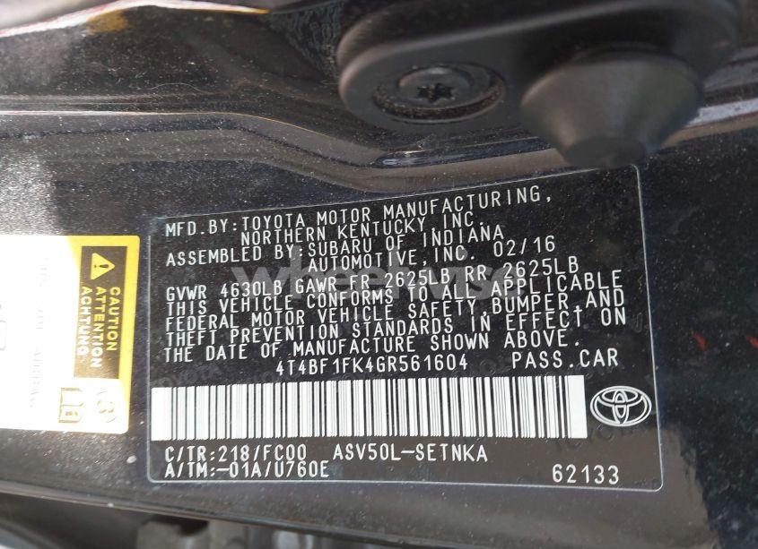 Photo 9 of 2016 Toyota Camry LE (VIN 4T4BF1FK4GR561604)