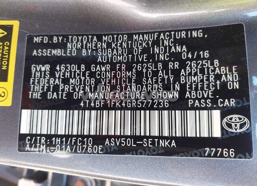 Photo 9 of 2016 Toyota Camry LE (VIN 4T4BF1FK4GR577236)