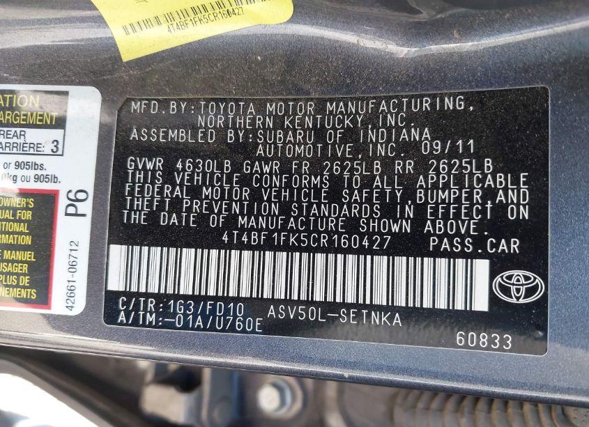 Photo 9 of 2012 Toyota Camry LE (VIN 4T4BF1FK5CR160427)