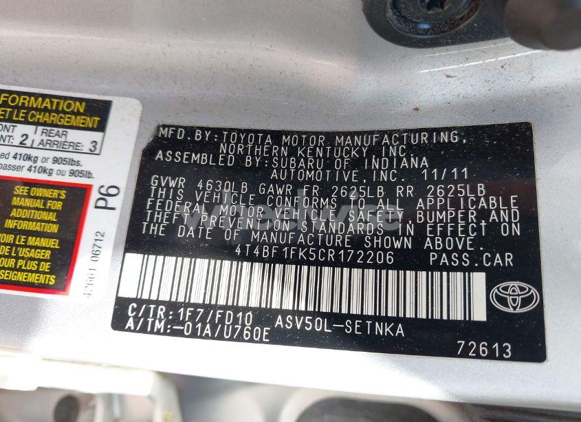 Photo 9 of 2012 Toyota Camry LE (VIN 4T4BF1FK5CR172206)