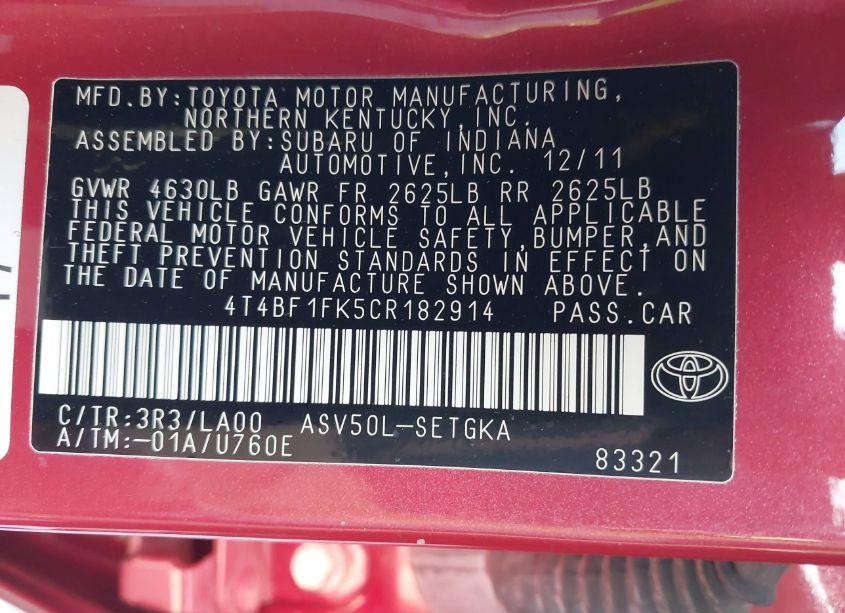 Photo 9 of 2012 Toyota Camry XLE (VIN 4T4BF1FK5CR182914)