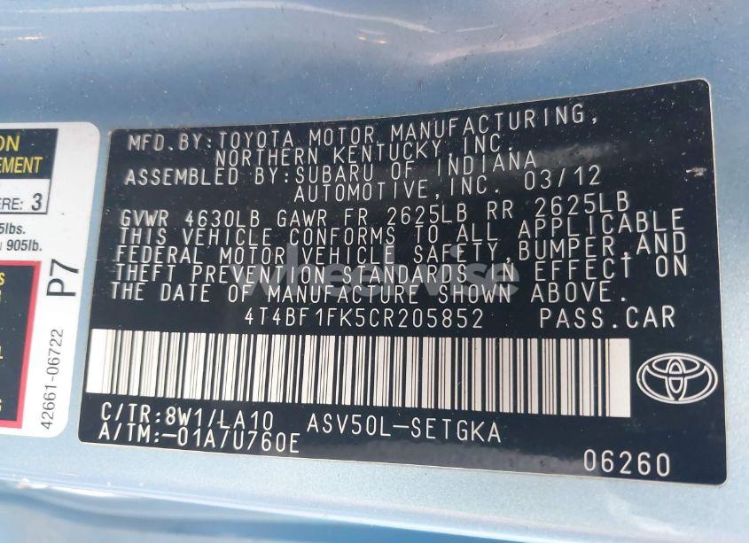 Photo 9 of 2012 Toyota Camry XLE (VIN 4T4BF1FK5CR205852)