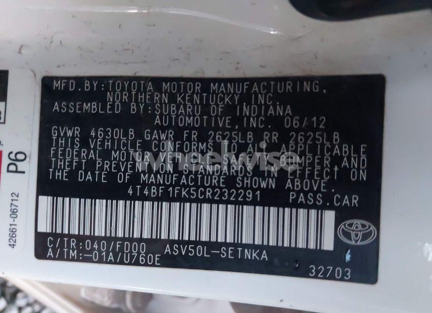 Photo 9 of 2012 Toyota Camry LE (VIN 4T4BF1FK5CR232291)