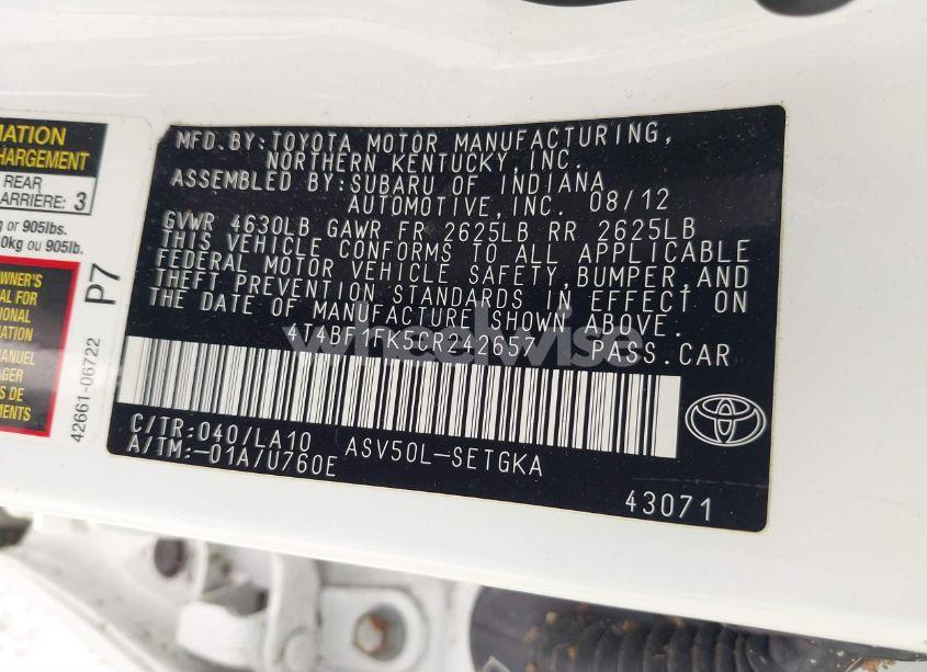 Photo 9 of 2012 Toyota Camry XLE (VIN 4T4BF1FK5CR242657)