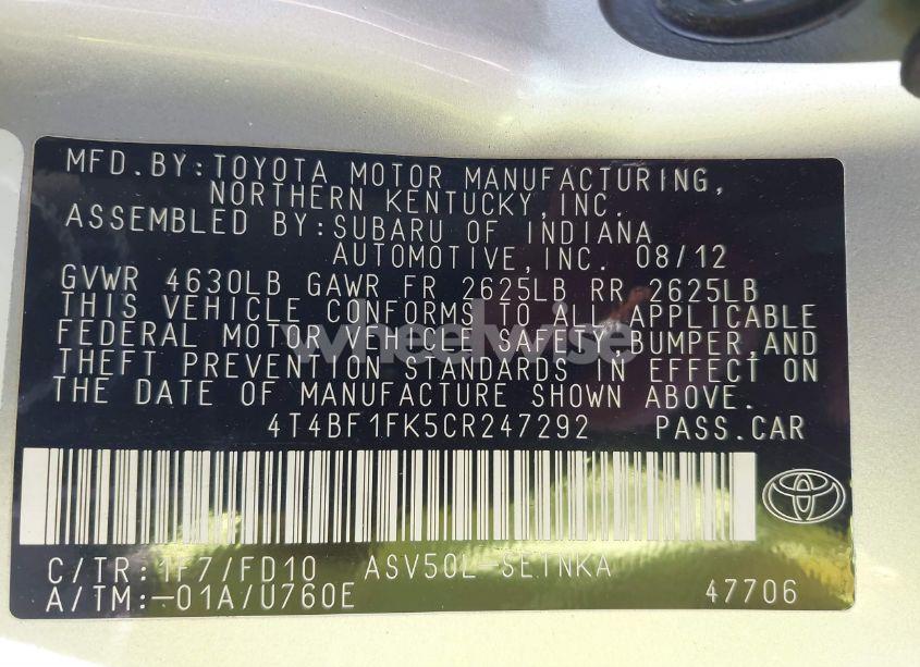 Photo 9 of 2012 Toyota Camry LE (VIN 4T4BF1FK5CR247292)