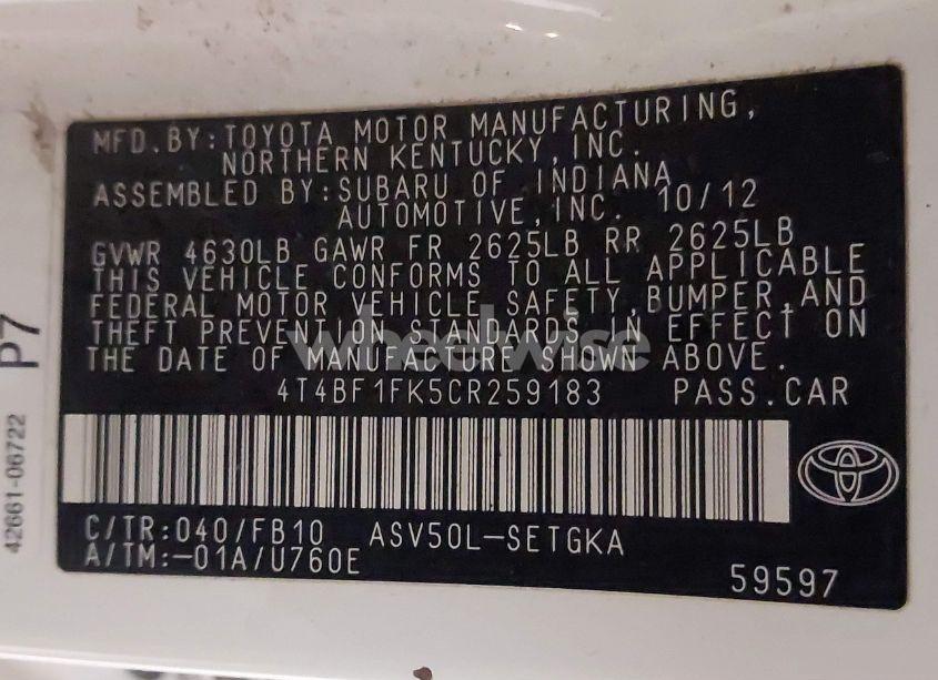 Photo 9 of 2012 Toyota Camry XLE (VIN 4T4BF1FK5CR259183)