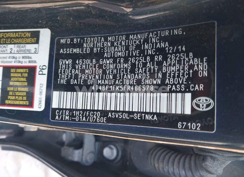 Photo 9 of 2015 Toyota Camry LE (VIN 4T4BF1FK5FR466578)