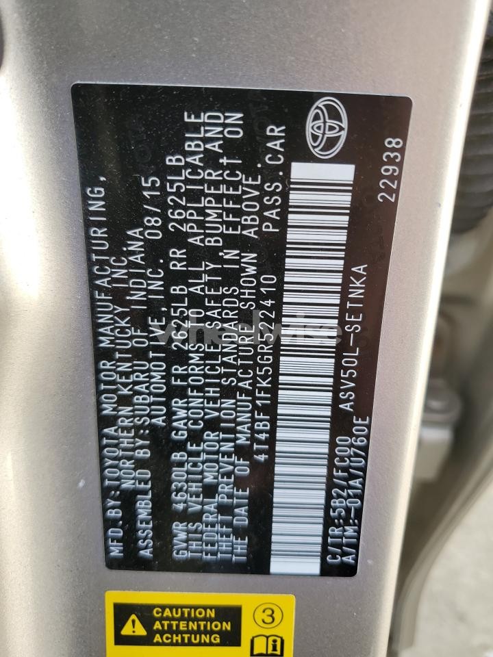 Photo 12 of 2016 TOYOTA CAMRY LE (VIN 4T4BF1FK5GR522410)