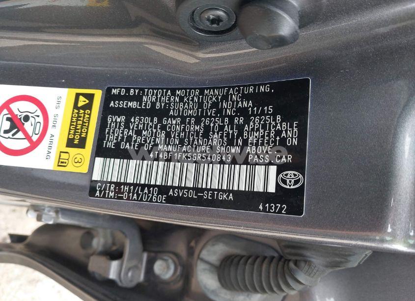 Photo 9 of 2016 Toyota Camry XLE (VIN 4T4BF1FK5GR540843)