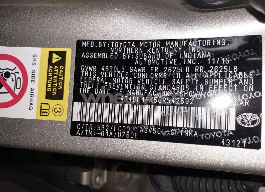 Photo 9 of 2016 Toyota Camry LE (VIN 4T4BF1FK5GR542592)