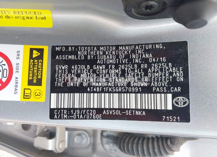 Photo 9 of 2016 Toyota Camry LE (VIN 4T4BF1FK5GR570991)