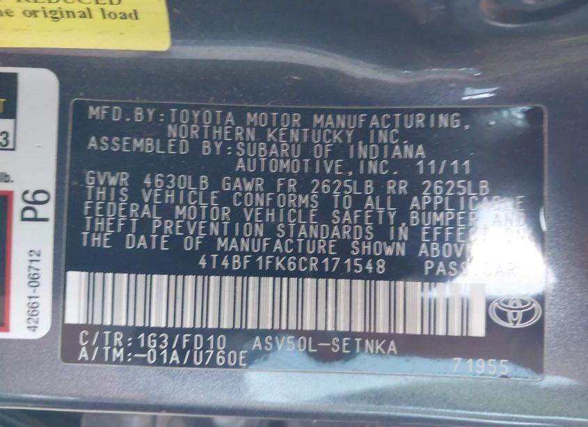 Photo 9 of 2012 Toyota Camry LE (VIN 4T4BF1FK6CR171548)